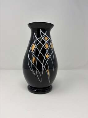 Bohemia Glass Black Art Glass Vase w/ Gold & Silver Design